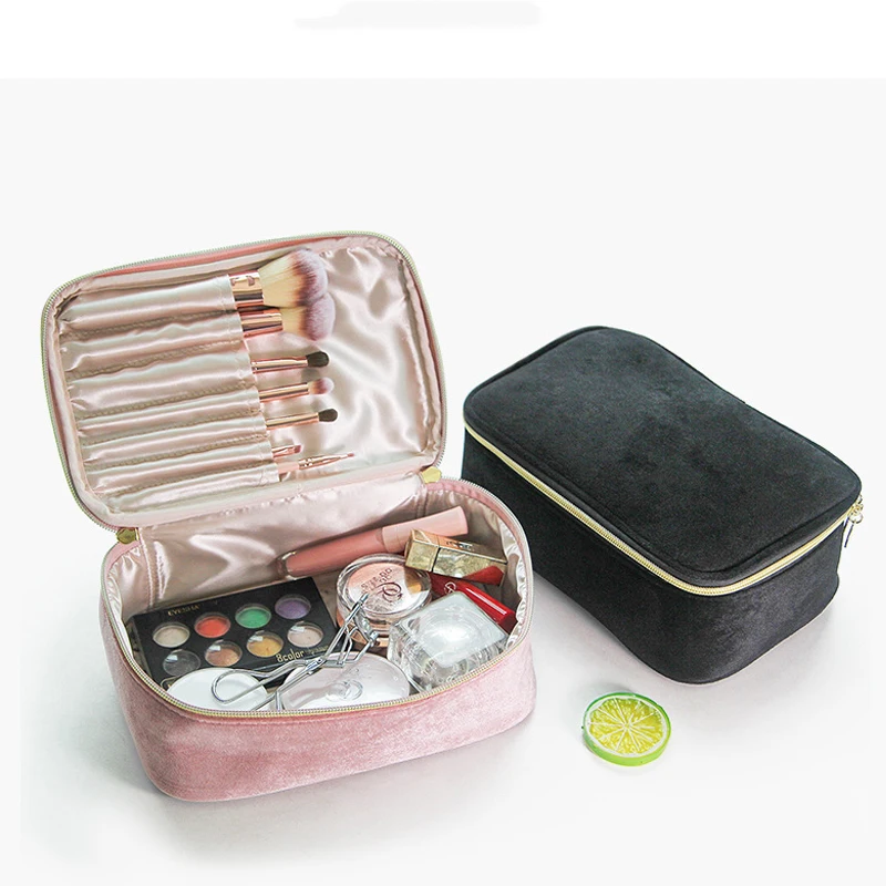 Color: DEEP BLUE - Velvet Cosmetics Bag Top Handle Travel Large Capacity Brushes Suede Makeup Vanity Case Custom Initials Name Gift