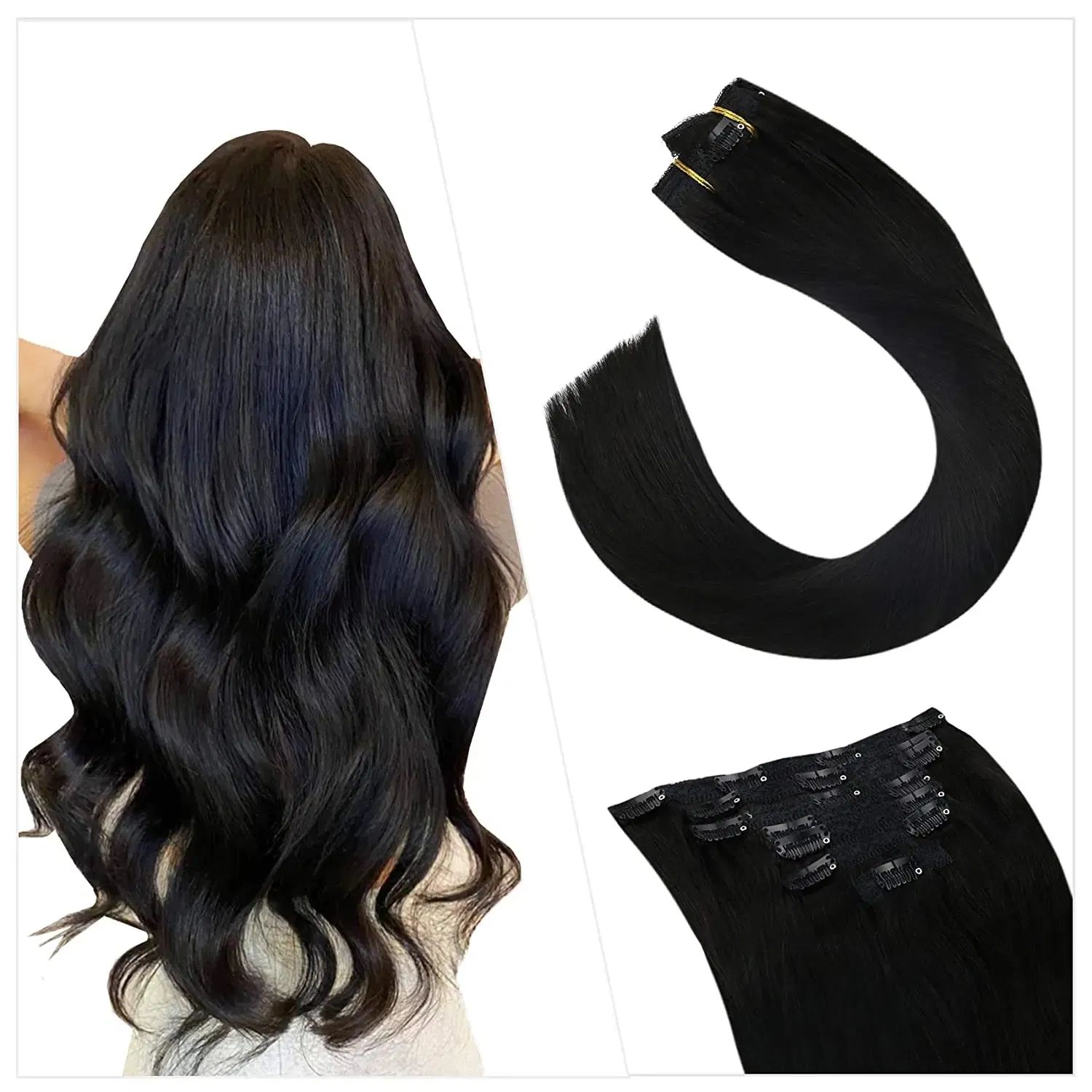 Color: Black Wine, Length: 14 inches, Weight Per Package: 120g/Set - [16 Colors] Ugeat Clip in Hair Extensions Human Hair 14-22" Double Weft Remy Hair Full Head Clip in Extensions for Woman 7Pcs