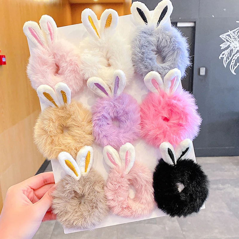Color: Pink - Korean Plush Rabbit Ear Hair Scrunshies Autumn Winter Candy Color Cute Horsetail Ball Hair Rope High Elastic Rubber Band Girl