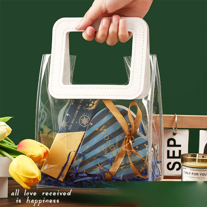 Color: Deep Sapphire, Gift Box Size: Other - 1PC Clear Candy Handbag PVC Gifts Cosmetics Bag Transparent Souvenir Packaging Bags Tote Xmas Birthday Wedding Party Supplies