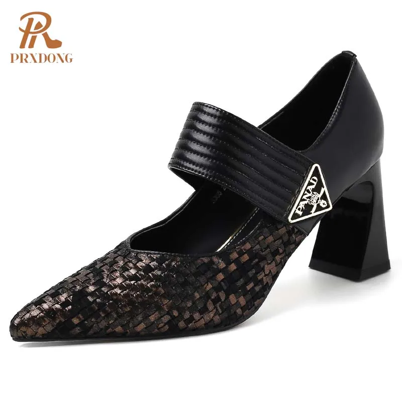 Color: Brown, Shoe Size: 37 - PRXDONG Genuine Leather Women Pumps 2025 New Spring Summer High Heels Pointed toe Black Brown Dress Party Female Shoes Size 40