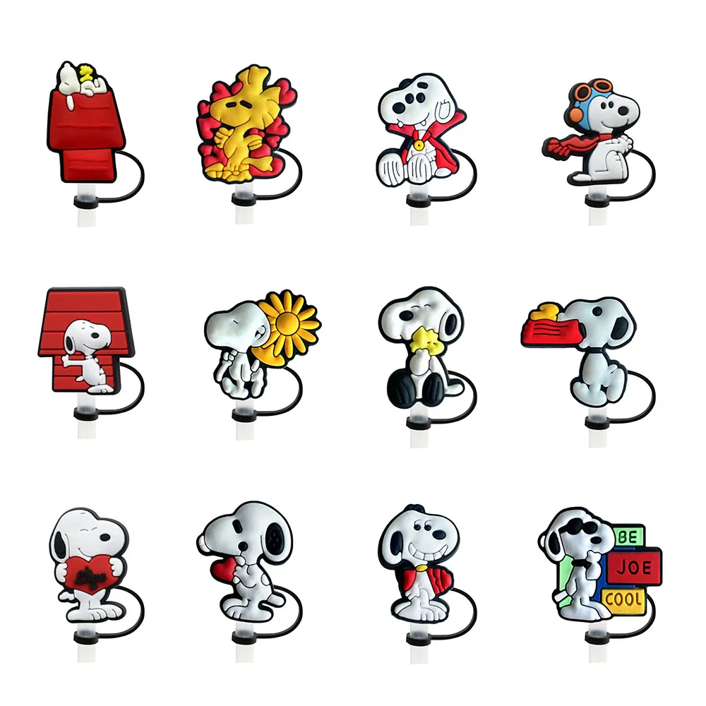 Color: Coffee - 1-12PCS Cute  MINISO Snoopy Straw Cover Cap With 30&40Oz Cup10mm Straw Toppers Reusable Dust-Proof Straw Caps Cartoon Drink Stra