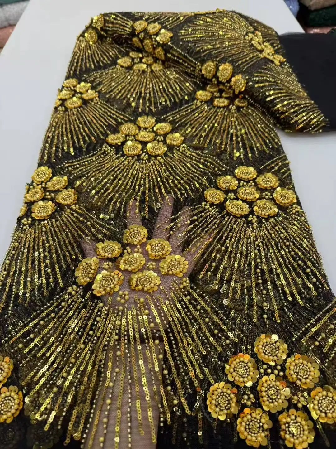 Color: GRAY, Width: 120cm, Length: 5 yards - African Heavy Beaded Lace Fabric 2025 High Quality Nigerian Sequin Pearl Lace French Tulle Fabric For Wedding Party Dress Sewing