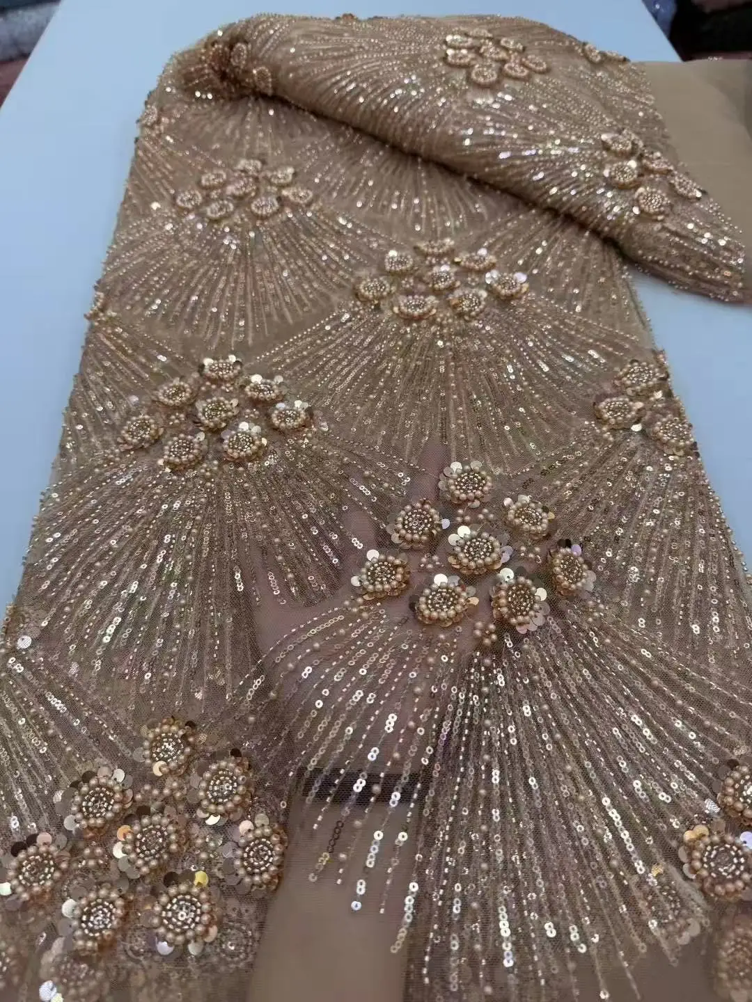Color: GRAY, Width: 120cm, Length: 5 yards - African Heavy Beaded Lace Fabric 2025 High Quality Nigerian Sequin Pearl Lace French Tulle Fabric For Wedding Party Dress Sewing
