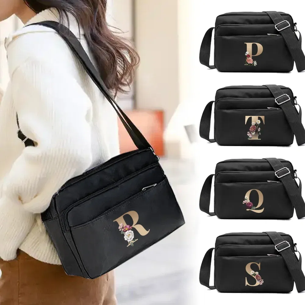 Color: light green - New Fashion Multi-layer Travel Leisure Simple Storage Bag Black Gold Letter Series Printing Pattern One Shoulder Crossbody Bag