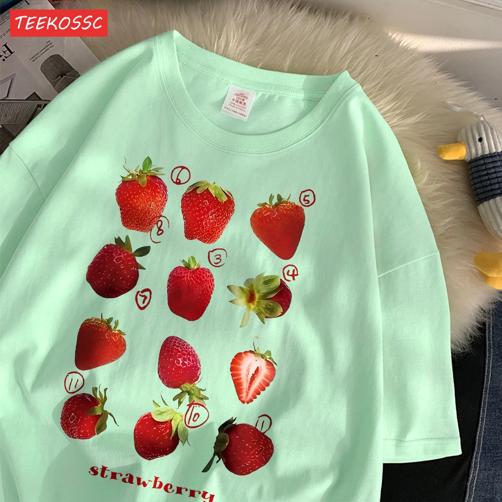 Color: Cyan, Size: L - 100% Cotton Women T-shirt Cute Fresh Strawberries Printed Tee Shirt Summer Comfortable Loose Tops Street Fashion Female Clothes
