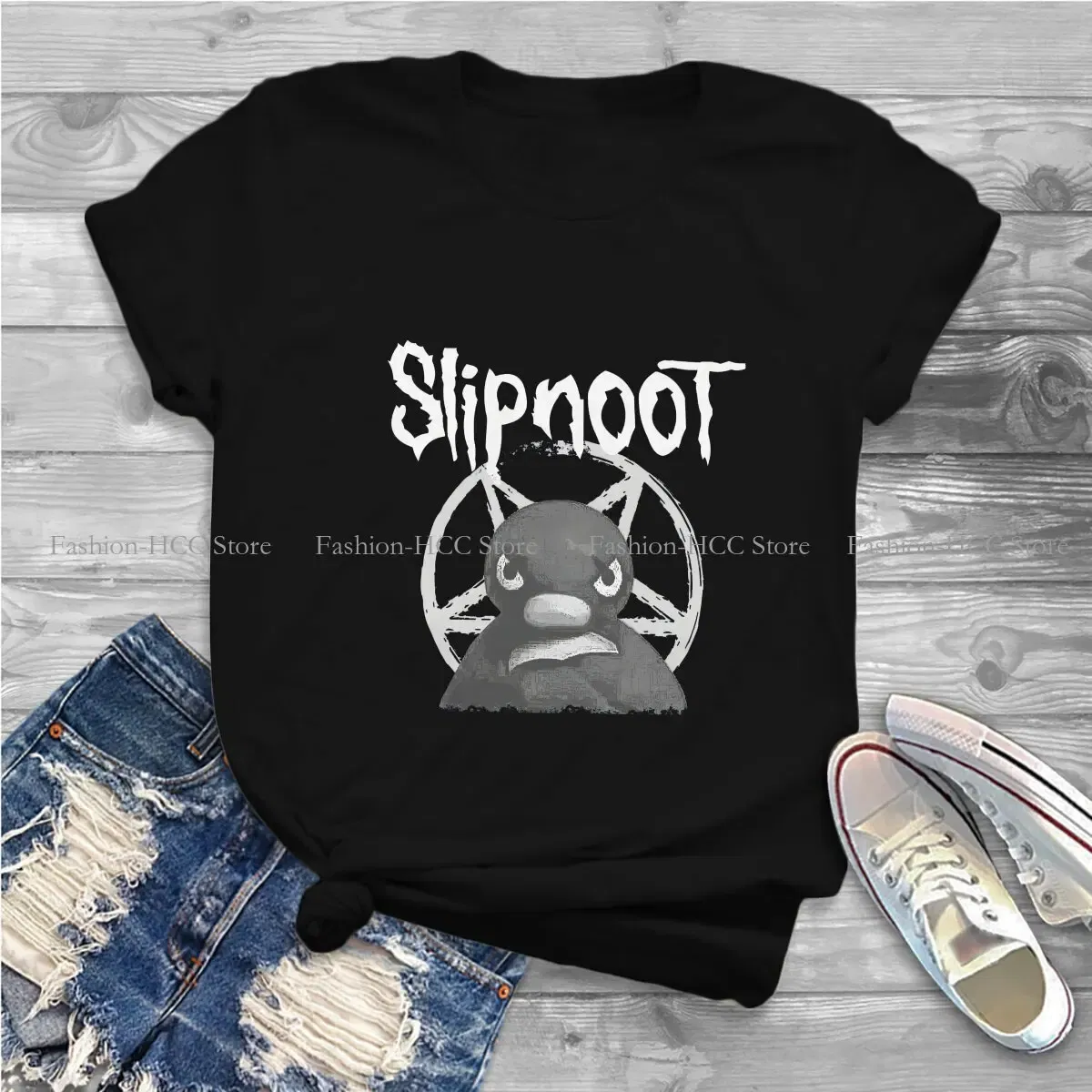 Color: black, Size: XXL - Slipnoot White Print Style Polyester TShirt Pingu Cartoon Comfortable Hip Hop Gift Clothes T Shirt Stuff