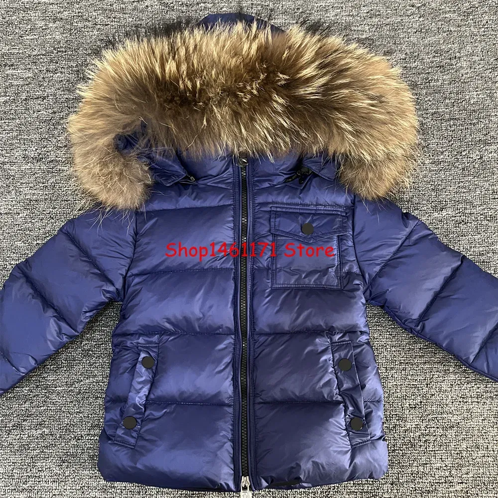 Color: Orange, Kid Size: 12 - Kids Winter Down Jacket Shiny Real Raccoon Fur Collar Toddler Boys Hooded Coat Baby Girls Warm Snowsuit Children's Parkas