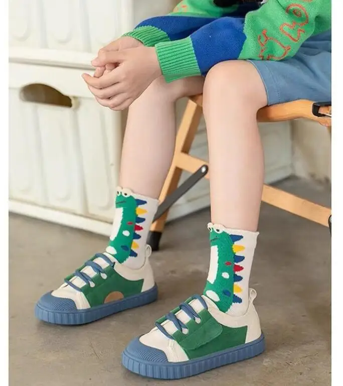 Color: Blue, Size: 4-6T - Children's Socks Autumn Boys Cartoon Dinosaur Socks 1-14T Kids Cotton Socks Student Sporty Socks 5 Pairs