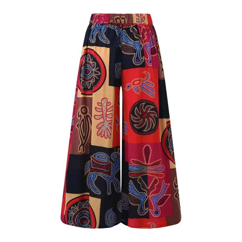 Color: Red, Size: XXXL - Women Elastic Pants Waist Loose Casual Print Wide Leg Pants Slim For Female Elasticated Trousers Mid Waist Wide Leg Pants