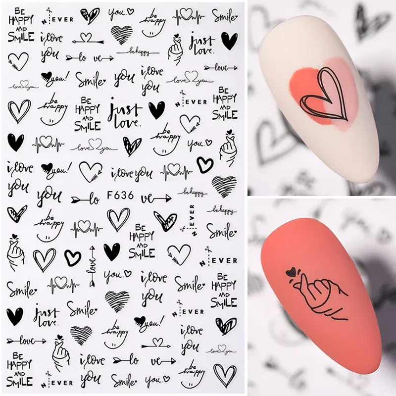 Color: Dark Grey - Heart Leaf Design 3D Nail Sticker Black White Transfer Stickers for Nails Sexy Girl Face Self-adhensive Slider Tip Abstract Wrap