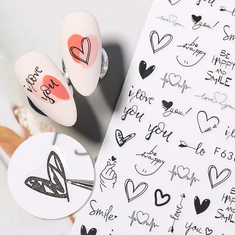 Color: Dark Grey - Heart Leaf Design 3D Nail Sticker Black White Transfer Stickers for Nails Sexy Girl Face Self-adhensive Slider Tip Abstract Wrap