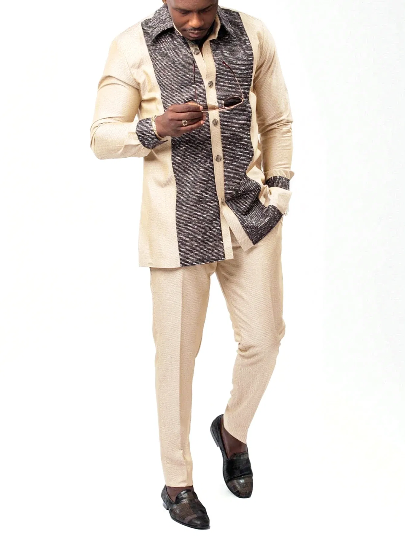 Men's Tenos Wedding 2-Piece Suit Waist Pants Shirt Solid Color Panel Long Sleeve Party African Ethnic Style Clothing (M-4XL)