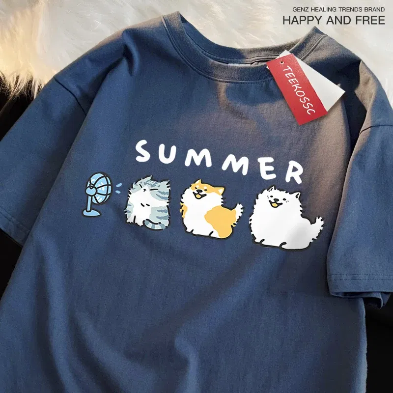 Color: Dark Grey, Size: XXL - Cats And Dogs Blowing Fans Print T Shirts Men Women Cute Crewneck Clothes Loose Summer T-Shirts Fashion Cotton Short Sleeve