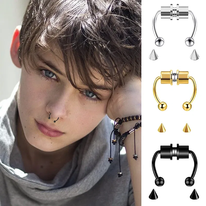 Metal color: ROSE GOLD COLOR - Women Fake Piercing Nose Ring Hoop Septum Non Piercing Nose Clip Rock HipHoop Stainless Steel Magnet Fashion Punk Body Jewelry