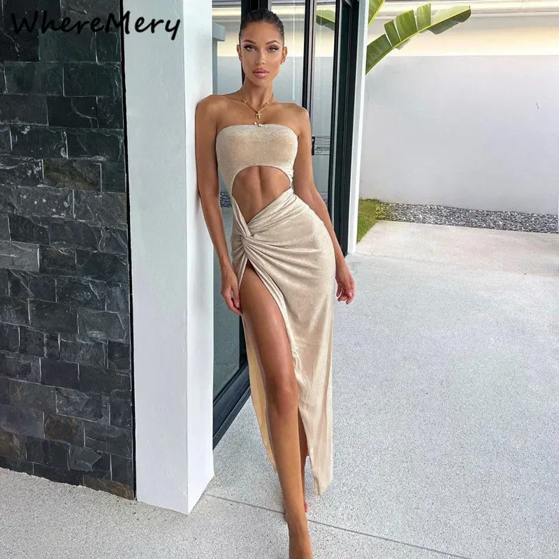 Color: APRICOT, Size: M - WhereMery Sexy Sleeveless Slit Dress Hollow Out Elegant Skinny Women Long Dresses Summer 2024 Fashion Ladies Party Club Vestidos