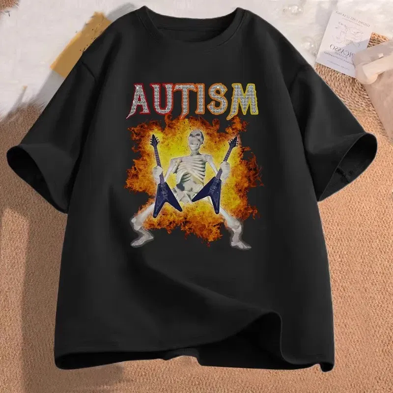 Color: Gold, Size: M - Autistic Funny Skeleton T Shirt Women Men Autism Edgy Skeleton Meme T-shirt Casual Short Sleeve Tshirt Round Neck Clothes