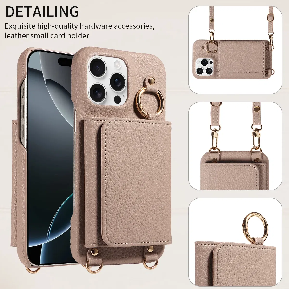 Color: Khaki, Bundle: Case & Strap, Material: Artificial Leather, Compatibility by Model: iPhone 14 Pro Max - For IPhone16 15 Pro Max 14 13 12 Series PU Leather Magsafe Magnetic Wireless Charging Shockproof Crossbody Wallet Phone Case
