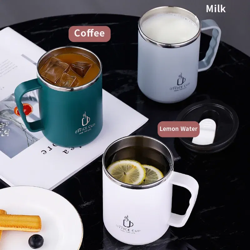 Color: Light Grey, Capacity: 401-500ml - 500ml/17oz 304 Stainless Steel Water Bottle Double Layers Coffee Mug Milk Cup With Plastic Lid And Handle