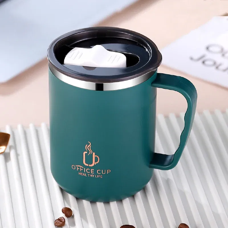 Color: Light Grey, Capacity: 401-500ml - 500ml/17oz 304 Stainless Steel Water Bottle Double Layers Coffee Mug Milk Cup With Plastic Lid And Handle