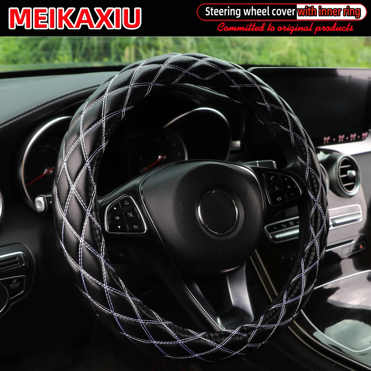 Color Name: black - New PU sheepskin embroidered double-thread car has an inner ring steering wheel cover suitable for 36cm, 37cm and 38cm
