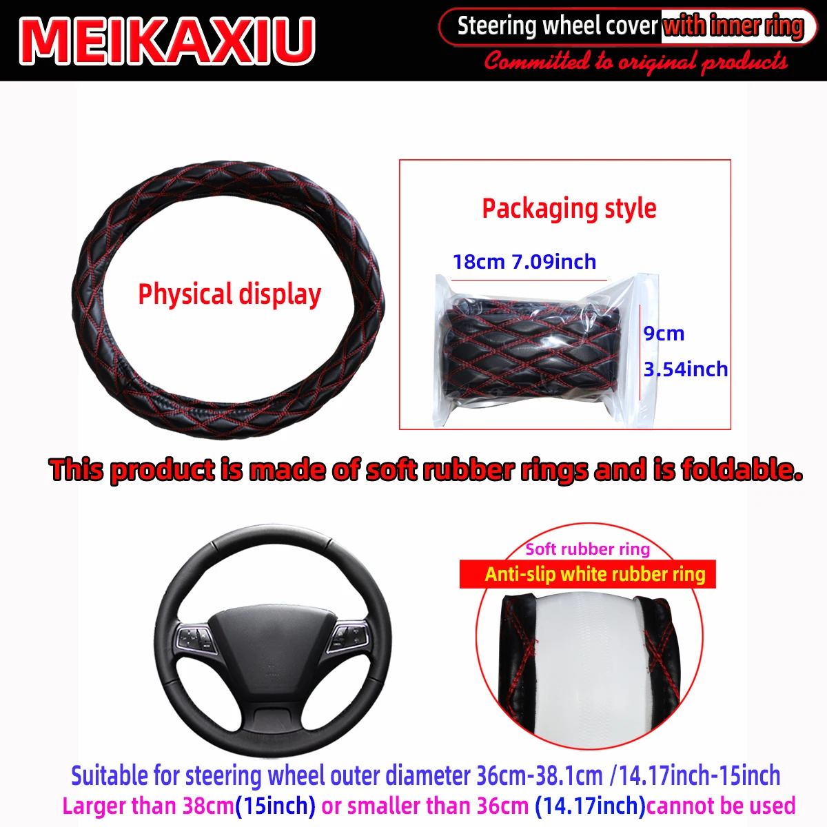 Color Name: black - New PU sheepskin embroidered double-thread car has an inner ring steering wheel cover suitable for 36cm, 37cm and 38cm