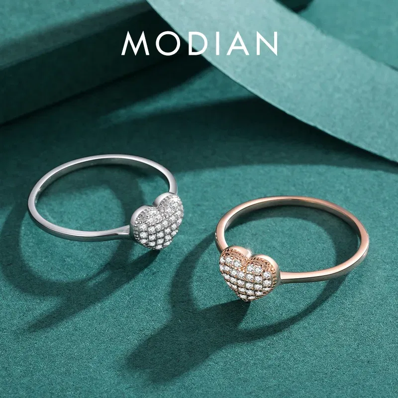 Gem Color: Yellow, Ring Size: 7 - MODIAN 925 Sterling Silver Delicate Romantic Love Heart Finger Ring Zirconia For Women Fine Jewelry Valentine Day Gift