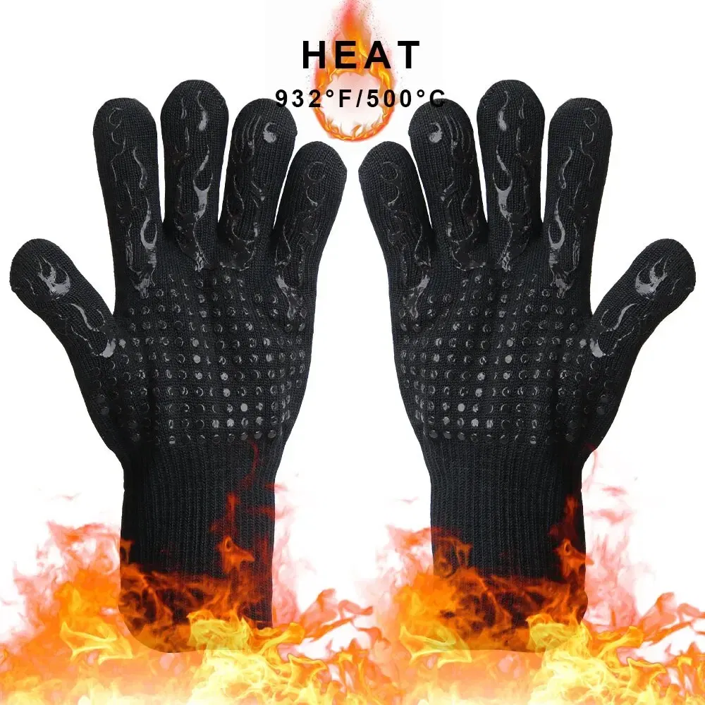 Color: Blue - 300-500 Centigrade BBQ Fire Gloves Flame Retardant Non-slip Fireproof Extreme Heat Resistant Microwave Oven Gloves Oven Mit