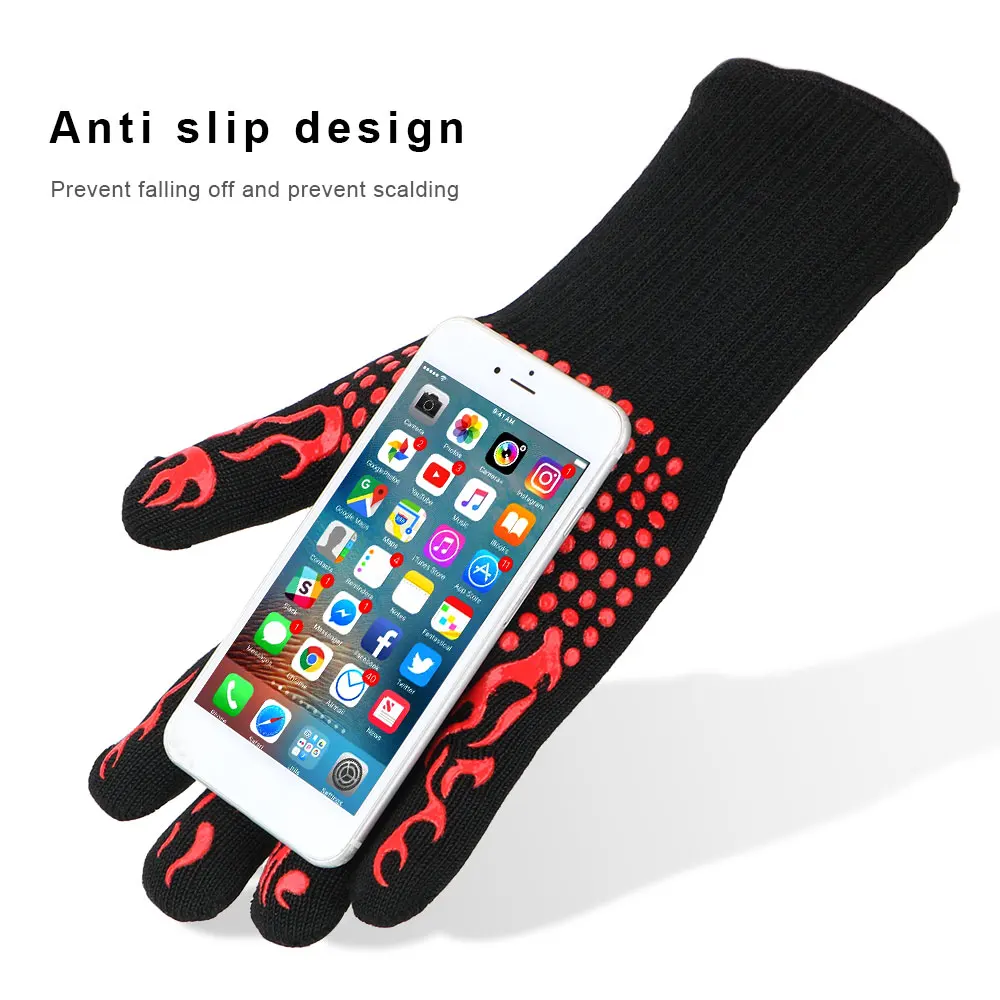 Color: Blue - 300-500 Centigrade BBQ Fire Gloves Flame Retardant Non-slip Fireproof Extreme Heat Resistant Microwave Oven Gloves Oven Mit