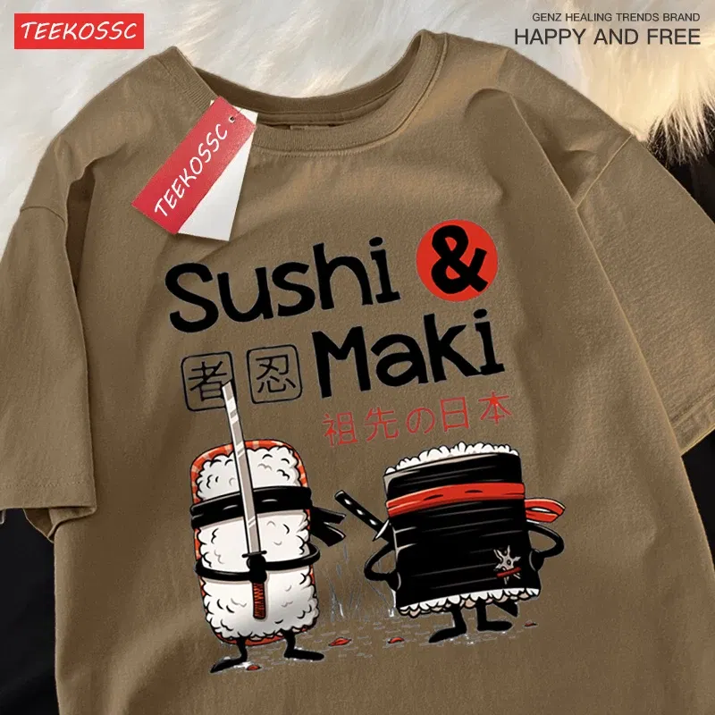 Color: army green, Size: L - Theduc Sushi And Sushi Printing Men Women Tshirt Cotton T-Shirts Loose T Shirt Crewneck Loose Tops Fashion Clothes Unisex