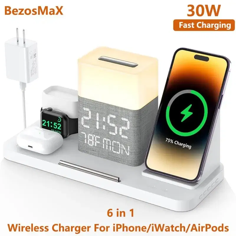 Color: green, Ships From: CHINA - Top BezosMax 7 in 1 Wireless Charging Station with Dual iPhone Fast Charger Support Bluetooth/TimeSync 30W Fast Adapter for