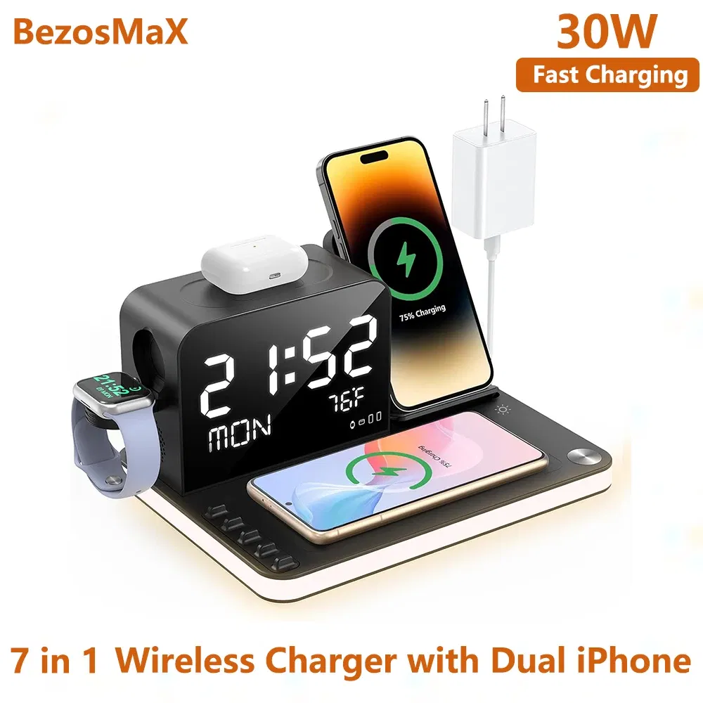 Color: green, Ships From: CHINA - Top BezosMax 7 in 1 Wireless Charging Station with Dual iPhone Fast Charger Support Bluetooth/TimeSync 30W Fast Adapter for
