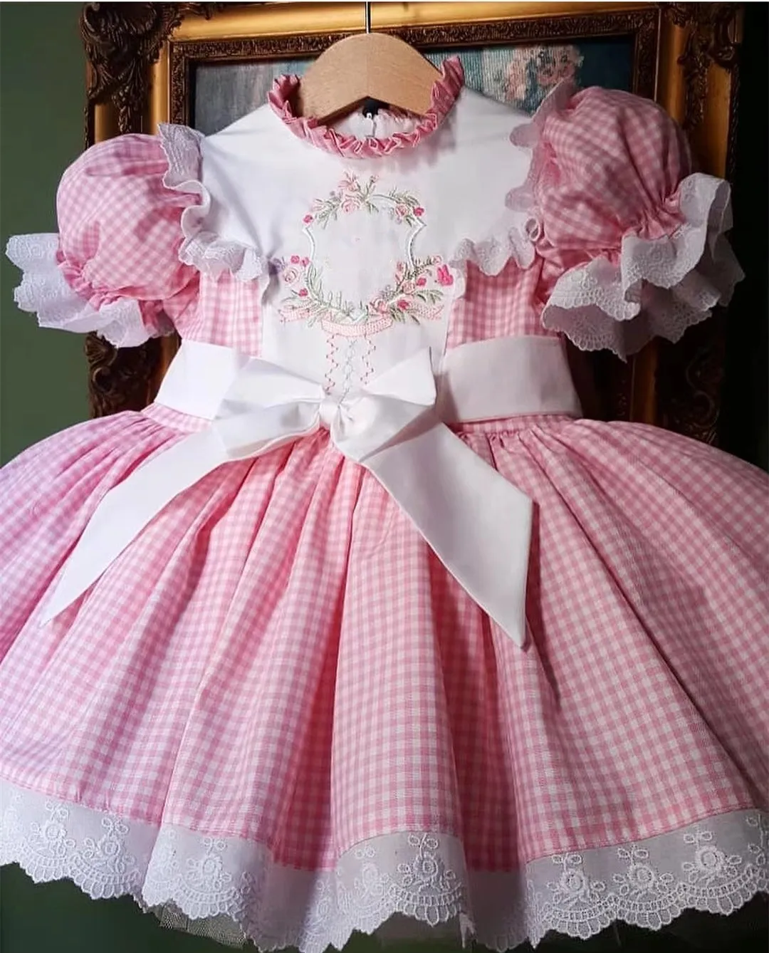 Color: Beige, Kid Size: 4T - Baby Summer Pink Plaid Flower Embroidery Turkish Princess Dress for Birthday Wedding Baptism Holiday Casual B138