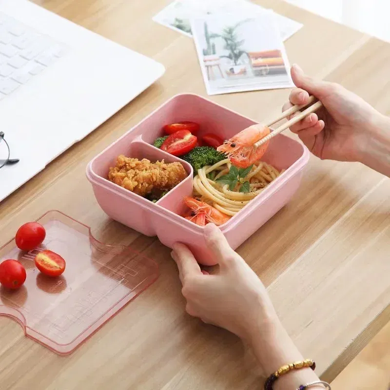 Color: Red - 850/1100ML wheat straw lunch box bento box Microwave oven Students with lid canteen simple lunch box rectangular portable