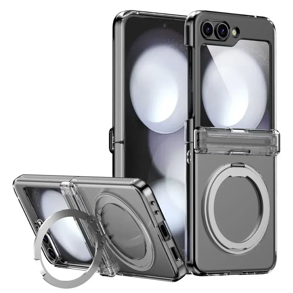 Color: Clear, Material: ABS - For Samsung Galaxy Z Flip 3 5 4 6 Magsafe Case Wireless Charging Hinge All-inclusive Flip Shockproof Hard Magnetic Holder Cover