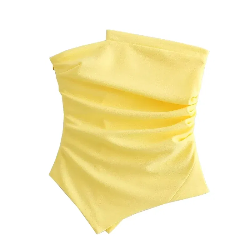Color: Beige, Size: M - Asymmetrical Strapless Top Lemon Yellow Women Sleeveless Lady Female Clothes Slim Fit Suspenders Tube Top Off Shoulder