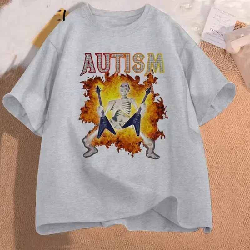 Color: green, Size: S - Autistic Funny Skeleton T Shirt Women Men Autism Edgy Skeleton Meme T-shirt Casual Short Sleeve Tshirt Round Neck Clothes
