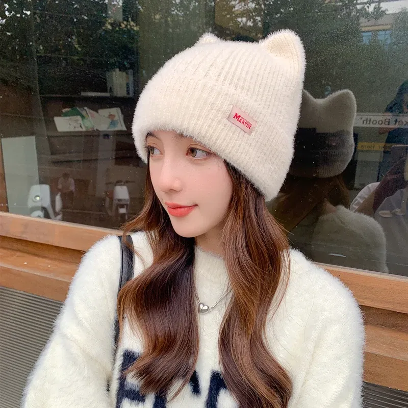 Color: Denmark Oak, Size: One Size - New Women Cute Cat Ear Earflap Winter Hat Fashion Faux Fur Knitted Hat Kpop Style Soft Beanie Hats Candy Female Streetwear Cap