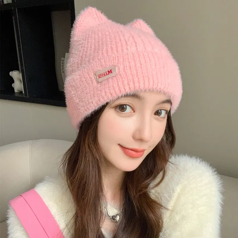Color: Denmark Oak, Size: One Size - New Women Cute Cat Ear Earflap Winter Hat Fashion Faux Fur Knitted Hat Kpop Style Soft Beanie Hats Candy Female Streetwear Cap