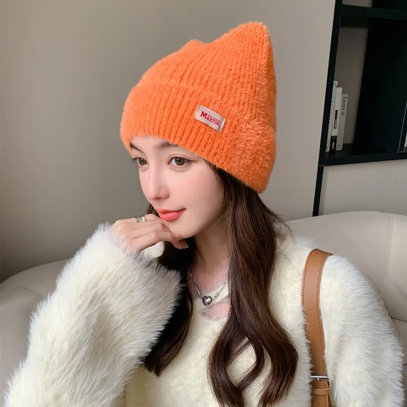 Color: Denmark Oak, Size: One Size - New Women Cute Cat Ear Earflap Winter Hat Fashion Faux Fur Knitted Hat Kpop Style Soft Beanie Hats Candy Female Streetwear Cap