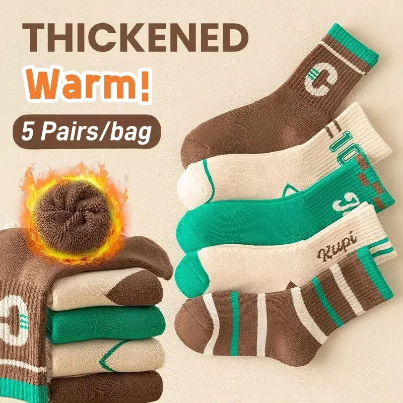 Color: black, Size: 10-12T - 5 Pairs/lot Children's Winter Socks Warm Baby Child Thicken Cotton Socks Boys Terry Socks Letter Pattern Thermal Socks