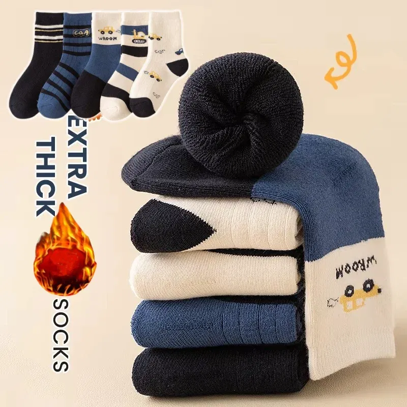 Color: black, Size: 10-12T - 5 Pairs/lot Children's Winter Socks Warm Baby Child Thicken Cotton Socks Boys Terry Socks Letter Pattern Thermal Socks