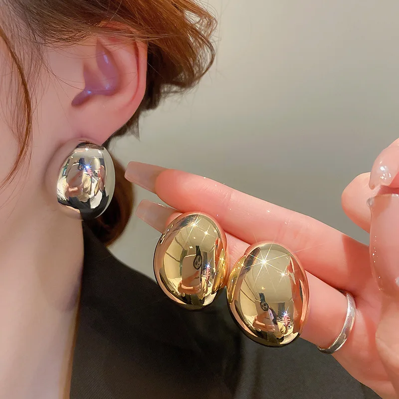 Metal Color: BROWN - Hollow Oval Bean Shape Stud Earrings for Women Golden Silver Color Smooth Metal Earrings Simple Geometry Party Trendy Jewelry