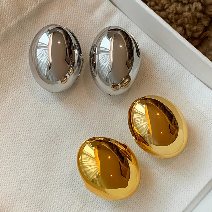 Metal Color: BROWN - Hollow Oval Bean Shape Stud Earrings for Women Golden Silver Color Smooth Metal Earrings Simple Geometry Party Trendy Jewelry