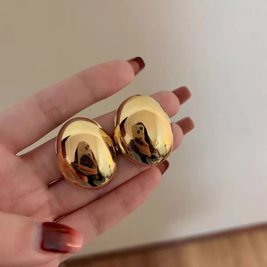 Metal Color: BROWN - Hollow Oval Bean Shape Stud Earrings for Women Golden Silver Color Smooth Metal Earrings Simple Geometry Party Trendy Jewelry