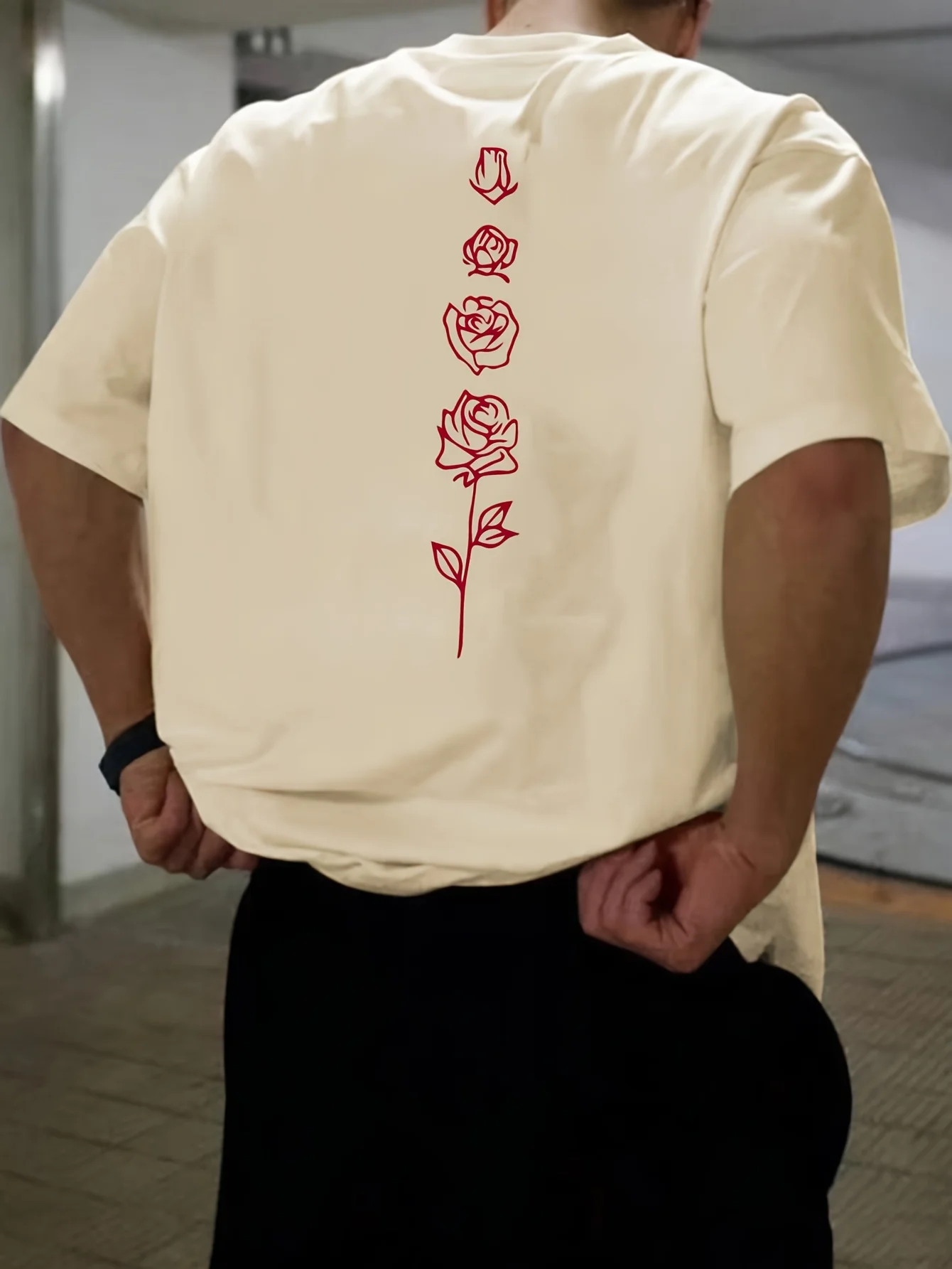 Color: black, Size: XS - Men's Summer Loose Fit 100 Cotton Rose pattern Print T-shirt Tops
