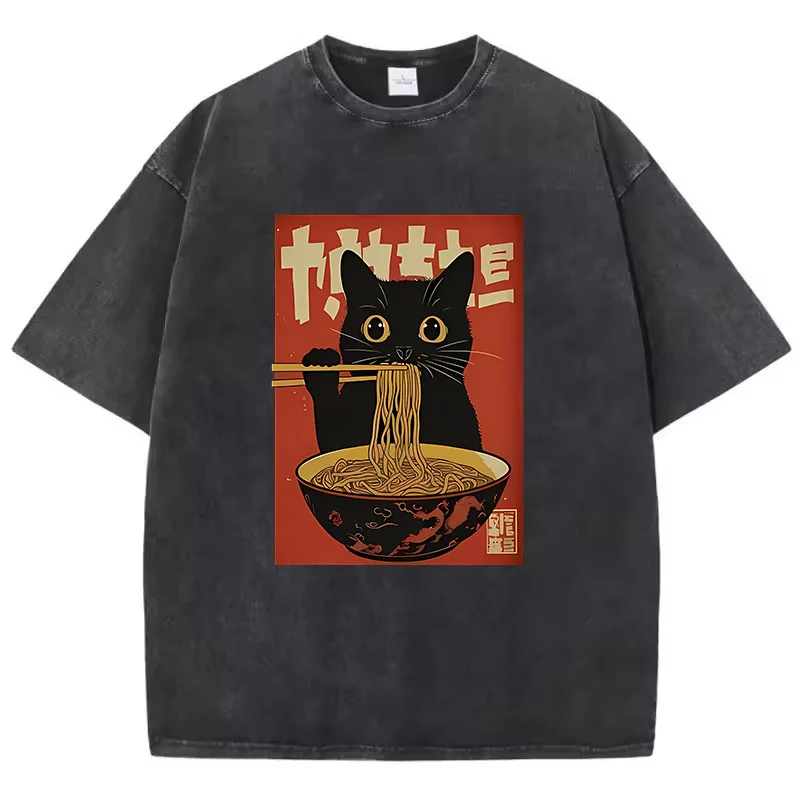 Color: Beige, Size: XL - T Shirt Vintage Washed 100% Cotton T-Shirt Black Retro Cat Eating Ramen Graphic Tee Casual Streetwear for Spring Summer Fall