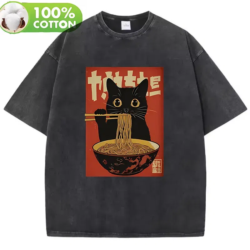 Color: Beige, Size: XL - T Shirt Vintage Washed 100% Cotton T-Shirt Black Retro Cat Eating Ramen Graphic Tee Casual Streetwear for Spring Summer Fall
