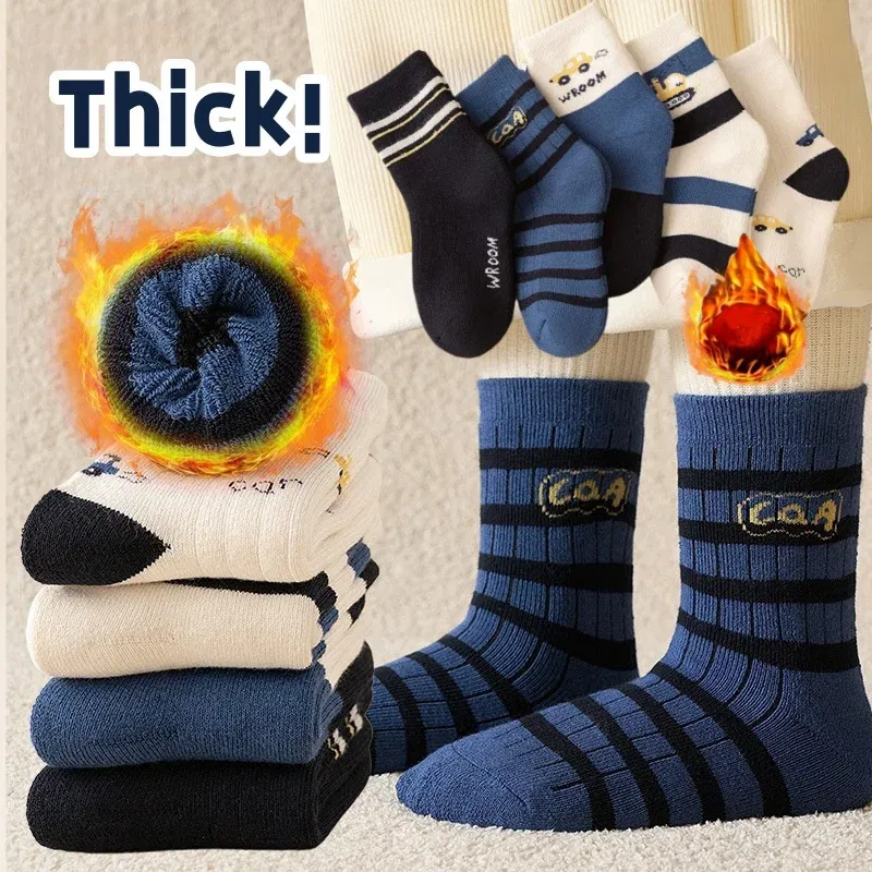 Color: Blue, Size: 4-6T - 1-14T  Children Winter Warm Socks Kids Boys Thicken Cotton Socks Thermal Winter Socks Baby Cartoon Bear Pattern Terry Sock