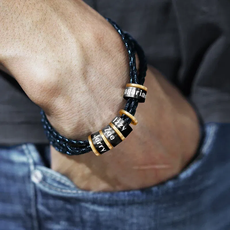 Metal Color: Steel color, Length: 21cm, Main Stone Color: Red - Personalized Names Men Leather Bracelet Braided Leather Bracelet Custom Family Names Bracelet Personalized Men Bracelet Gift